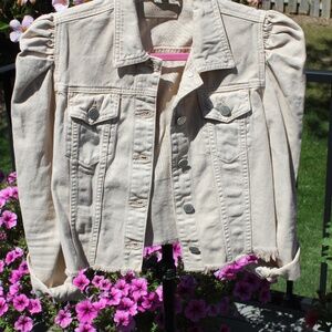 Blank NYC Beige Denim Jacket Size XS Puff Sleeves Crop